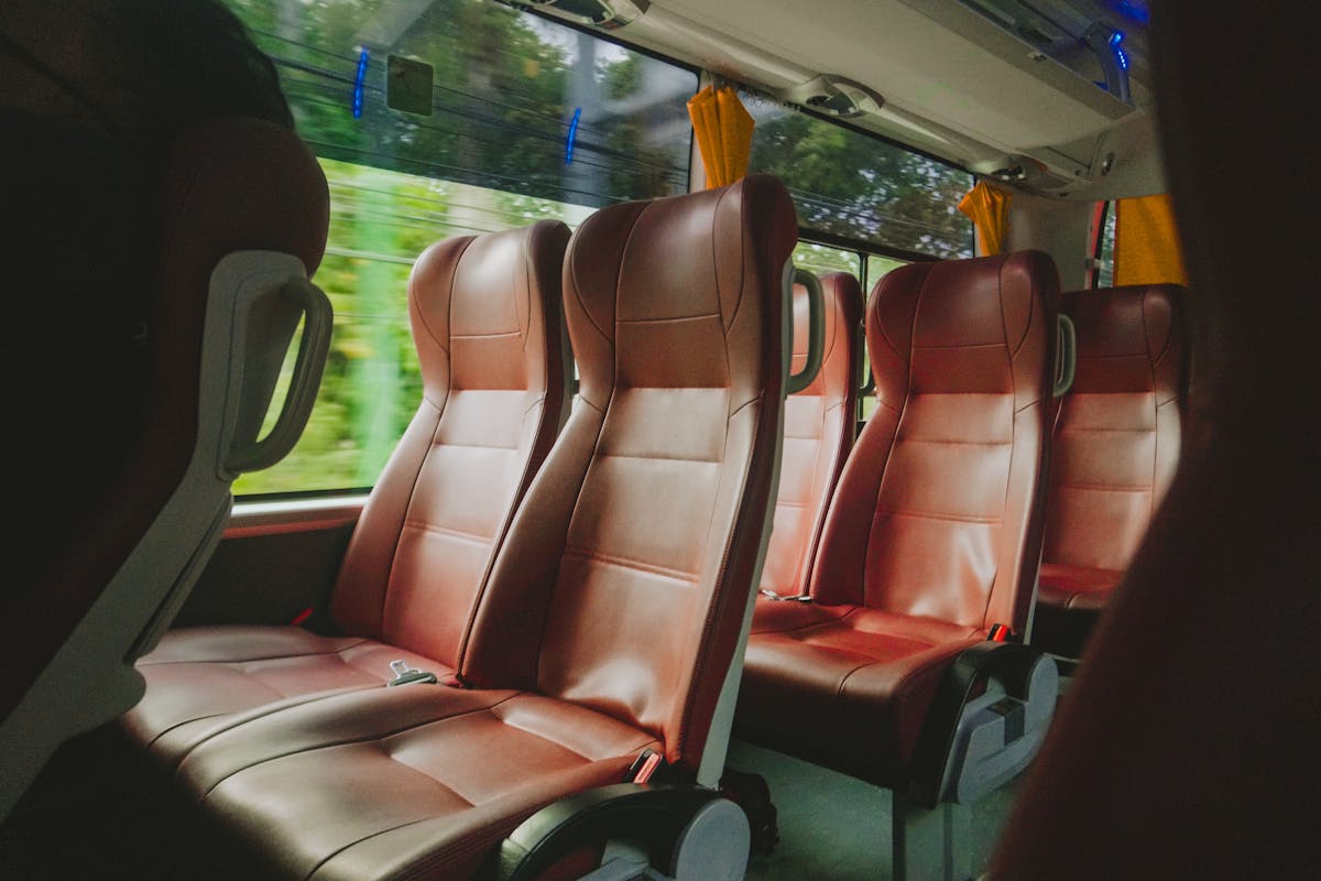 Luxury bus interior with reclining leather seats