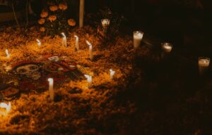 Day of the Dead altar with candles and marigolds in Oaxaca Mexico